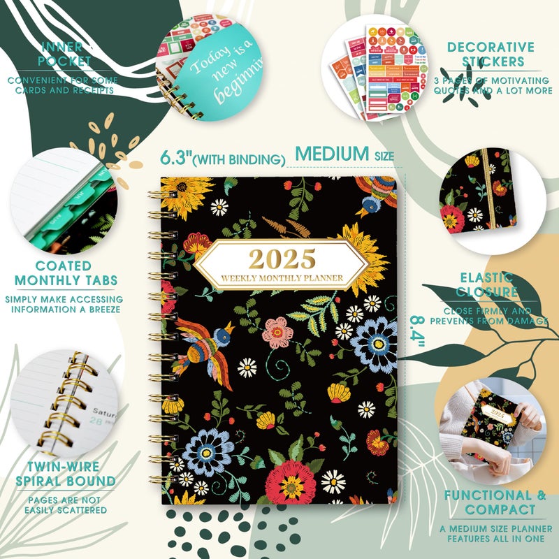Ymumuda 2025 Planner, 12-Month Daily Weekly Monthly Planner from JAN.2025 to DEC.2025, 8.4"" X 6"", Spiral Planner Notebook with Stickers, Elastic Closure, Inner Pocket, Bird Embroidery - Image 5